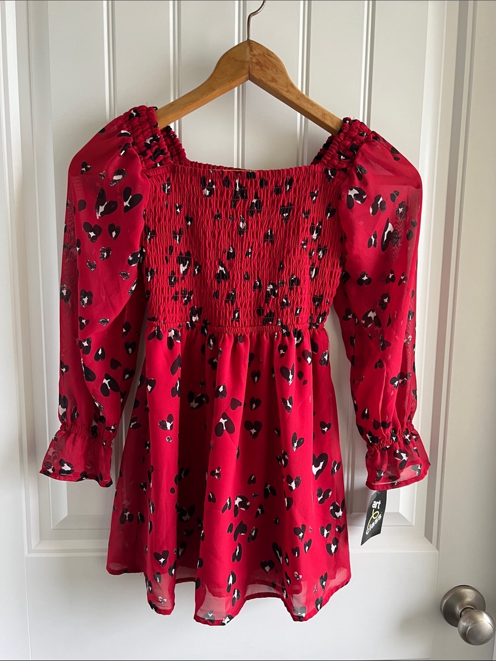 art class Red Smocked Puff-Sleeve Dress with Black & White Spot Print